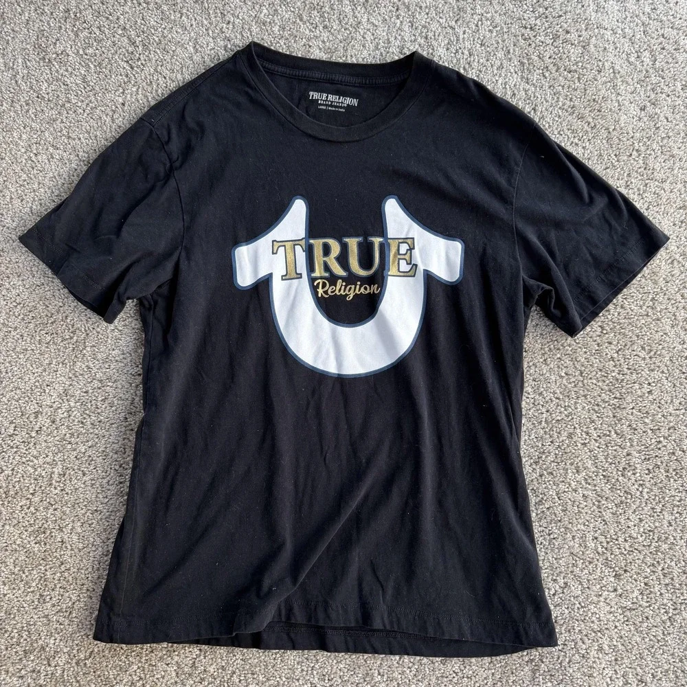 True Religion Brand Jeans Shirt Mens Large Black Logo Graphic Tee T-Shirt